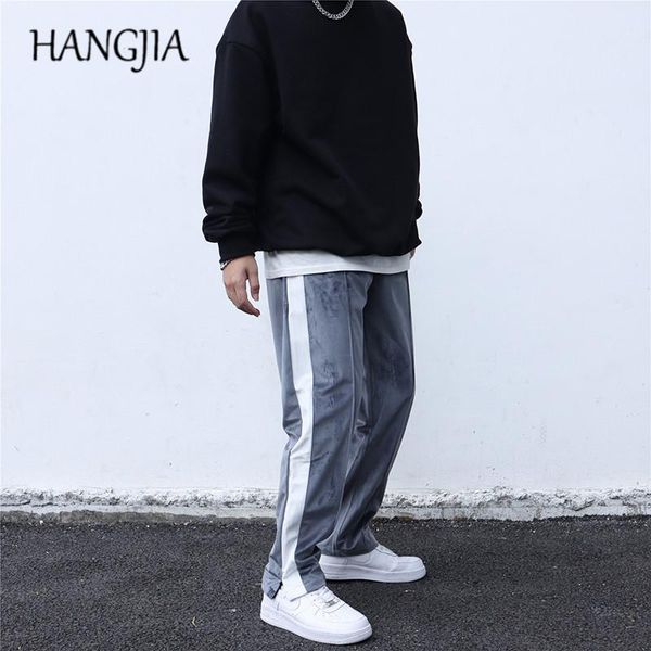 

side striped patchwork sweat pants harajuku mens women velour jogger sweatpant high street man fashion velvet wide leg trousers men's, Black