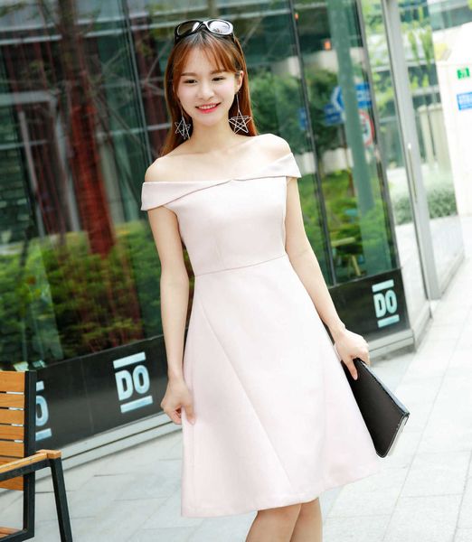 

luxury party evening dress 2021 summer women's nude pink one line neck off shoulder waist lady fashion, White;pink
