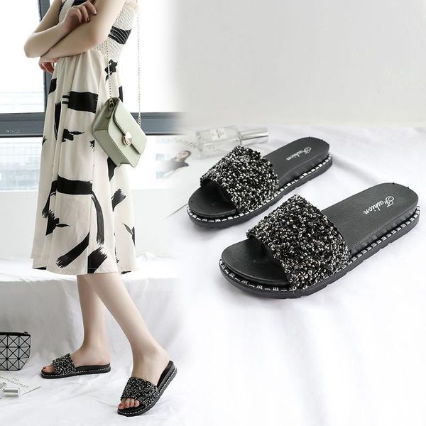 

women's sandals summer wear fashion korean wild sequin thick bottom flat beach shoes, Black
