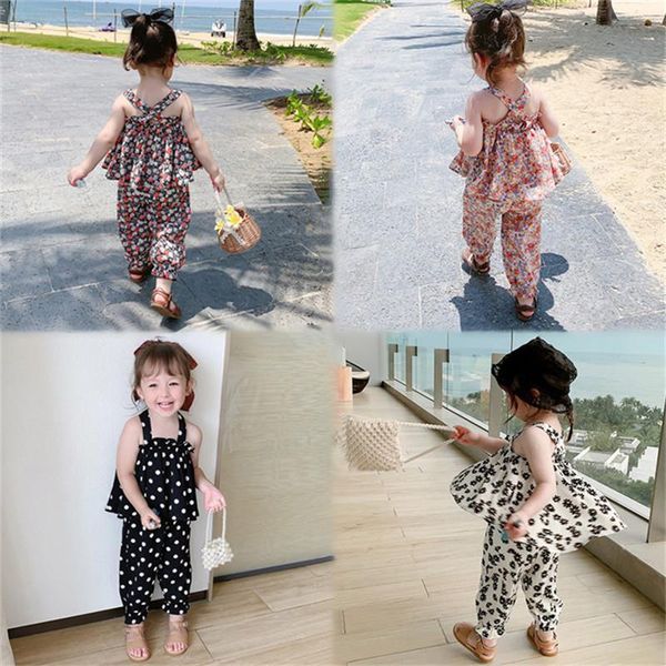 

clothing sets 2021 summer girls chiffon vest cropped trousers suit baby floral sling pants two-piece trend p4350, White