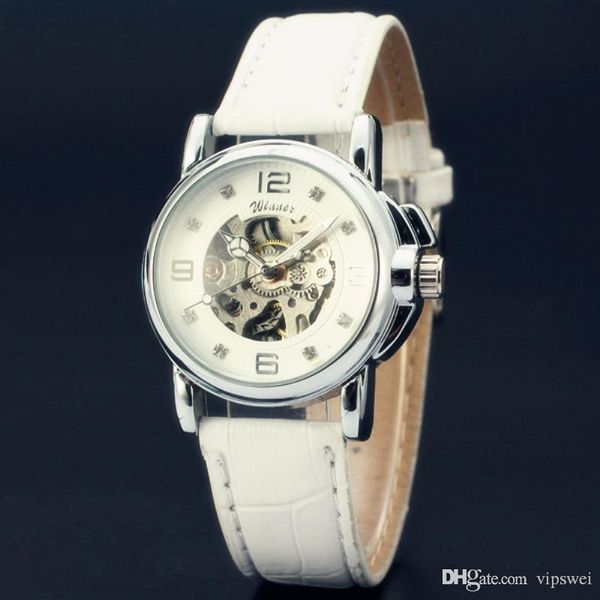 Mecânica Mecânica Mecânica Feminina Vencedor Marca Relógios Branco Dial Preto Hollow Senhoras Strap Couro Esportes Ms Wristw