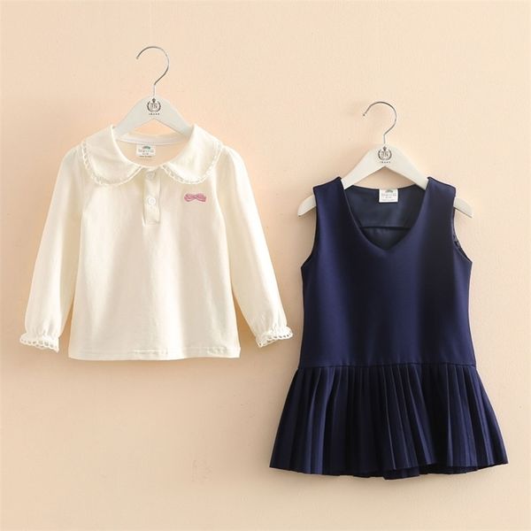 Primavera outono 3 4 6 8 10 anos vestido de tanque de estilo universitário + manga longa t-shirt escola crianças meninas bebê 2 peças conjunto 210701