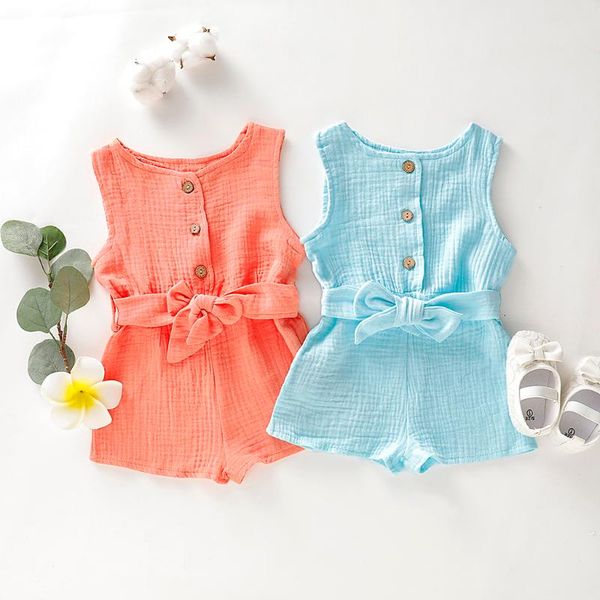 

jumpsuits summer infant baby girls rompers ruffles cotton linen bow sleeveless solid romper jumpsuit playsuit clothes 3-18 months, Blue