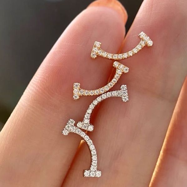 

studs earrings t family smile 925 sterling silver plated 18k rose gold full diamond face simple mini female, Golden;silver