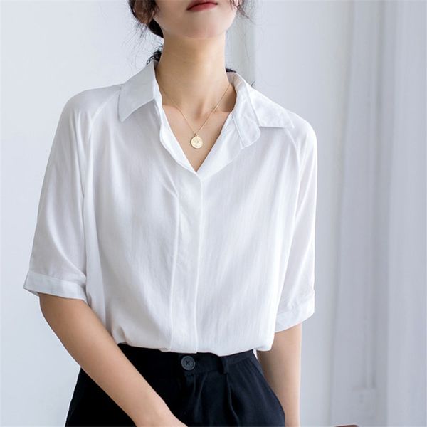 

office lady short sleeves formal shirt streetwear women's ol minimalist vintage chiffon solid large size shirts 210421, White