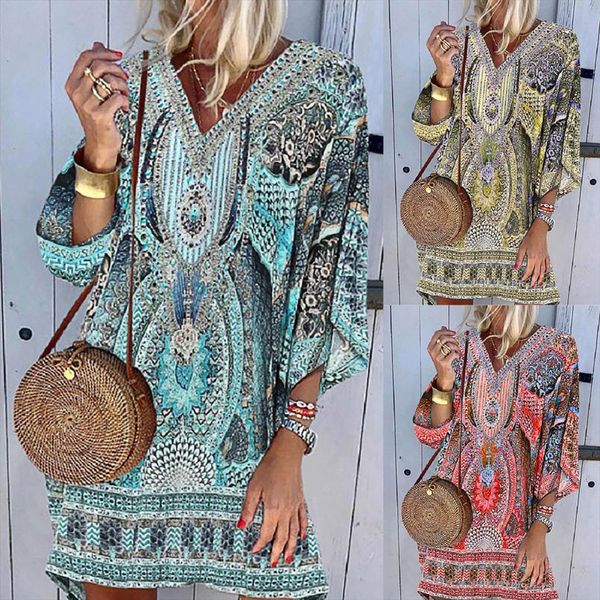 

40 vintage party womens dress v neck beach printing casual bohemian long sleeves summer vestido robe, Black;gray