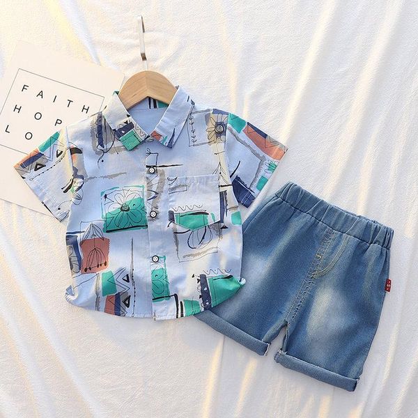

clothing sets children cotton clothes summer baby boy short sleeve printe shirts denim pants 2pcs/sets infant kids toddler tracksuits, White