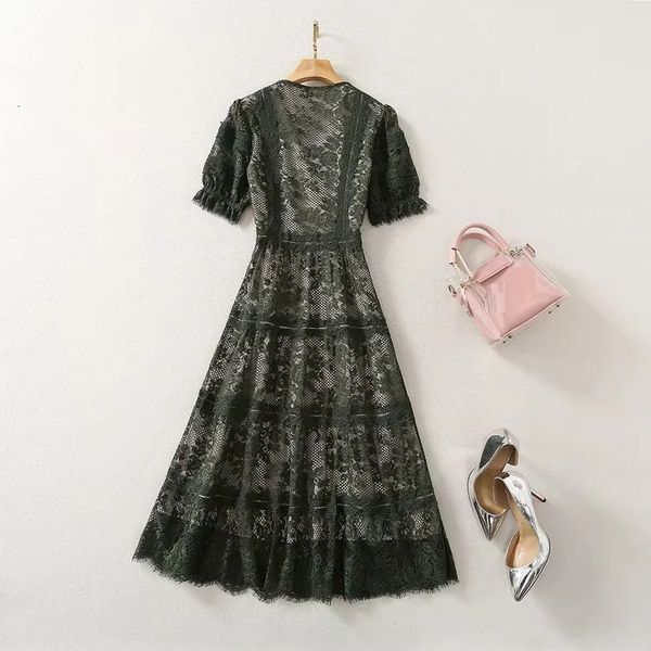 

dresses spring summer celebrity party women v-neck crochet lace embroidery short sleeve dark green tatd, Black;gray