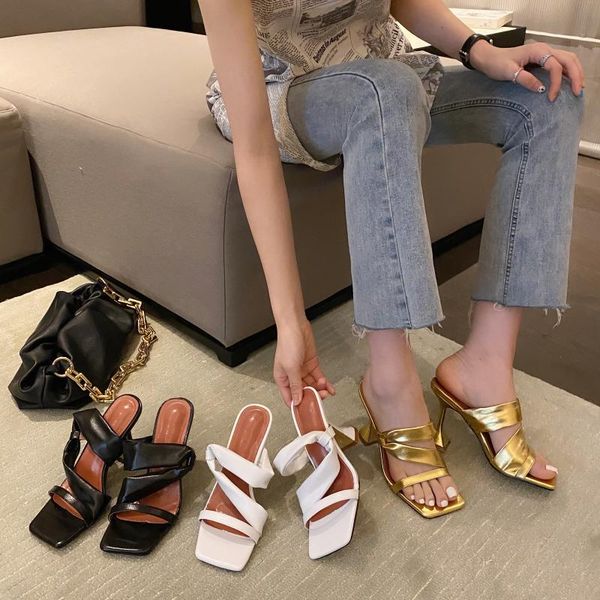 

slippers women summer luxury 2021 golden square toe high heels outer wear stiletto muller sandals and, Black