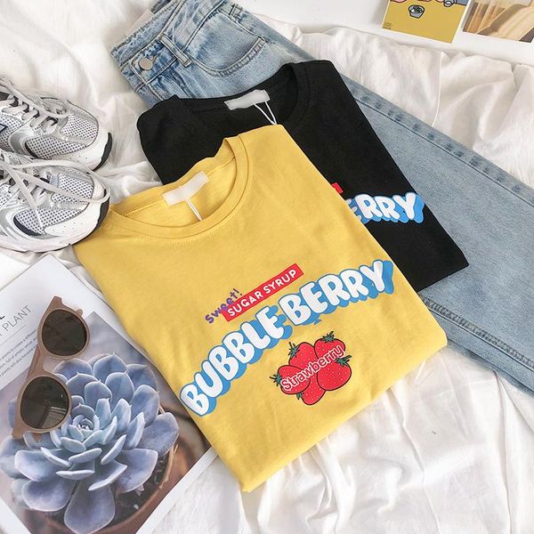 

women's t-shirt cartoon strawberry letter print round neck slim short sleeve, White
