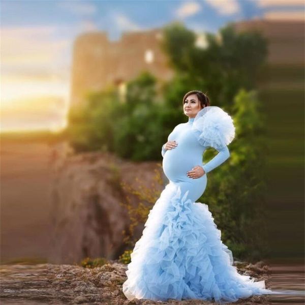 Himmelblaue Meerjungfrau-Abschlussballkleider mit Rüschen, Umstandsroben für Fotoshootings, elegante lange Abendkleider