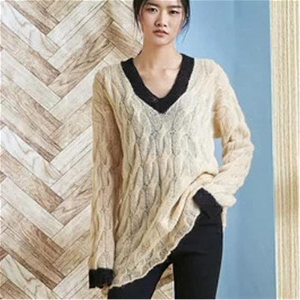 

100% hand made wool vneck thin knit women fashion twisted solid loose long pullover sweater white 2color customized women's sweaters, White;black
