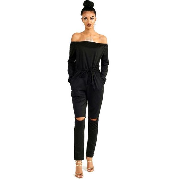 

women's jumpsuits & rompers 2021 autumn design off shoulder full sleeve hole length jumpsuit ladies casual playsuit romper, Black;white