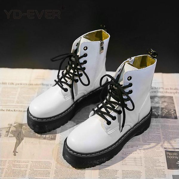 

boots white botas women motorcycle ankle wedges female lace up platforms autumn winter soft leather shoes mujer, Black