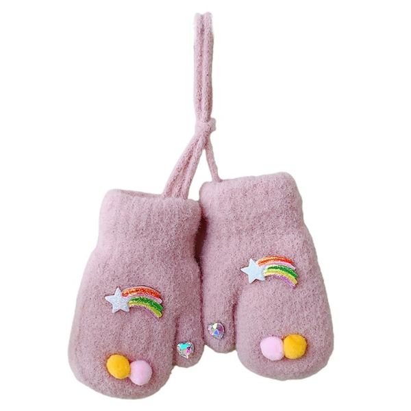 

pink toddler baby kids winter knitted gloves cartoon rainbow star pompom decor thick plush lined mittens hand warmer with hanging five fing, White