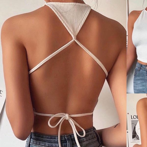 

summer fashion women cami halter solid bandage sleeveless backless crop g3, White