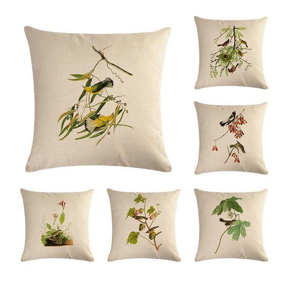 

birds pillow case linen cushion sofa car cover home decoration green leaf pillowcase 45x45cm cushion/decorative
