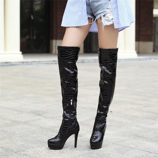 

boots snakeskin over the knee women fashion high heels platform green womens shoes large size autumn winter, Black