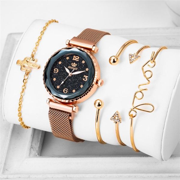 

5pcs ladies watches women starry sky watch quartz diamond wristwatches montre femme relogio feminino 2021, Slivery;brown