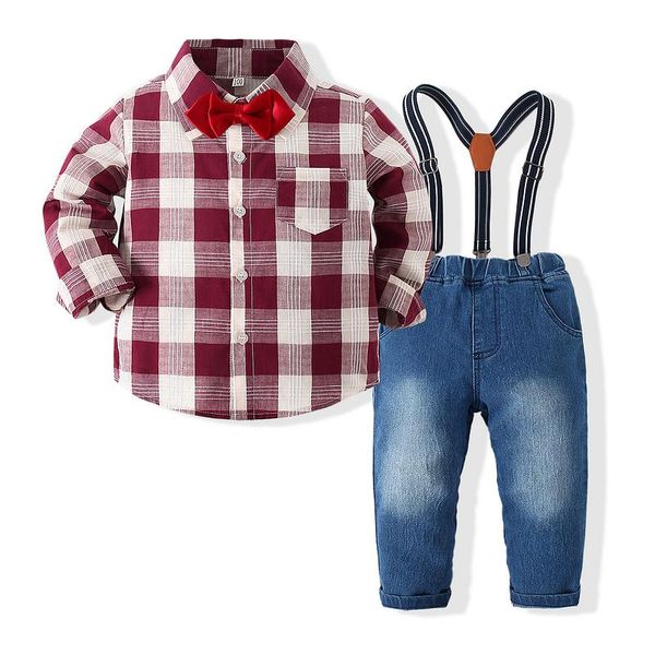 

clothing sets kimocat boy gentleman suit, red and white plaid long-sleeved shirt + bow tie suspenders denim pants suit 9 months-5 years