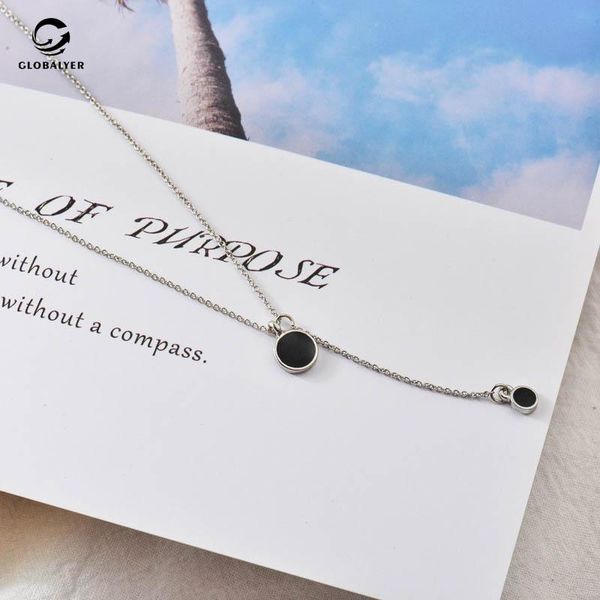 

black oil drop round pendant necklace simple temperament cold wind clavicle chain japanese and korean short chains, Silver