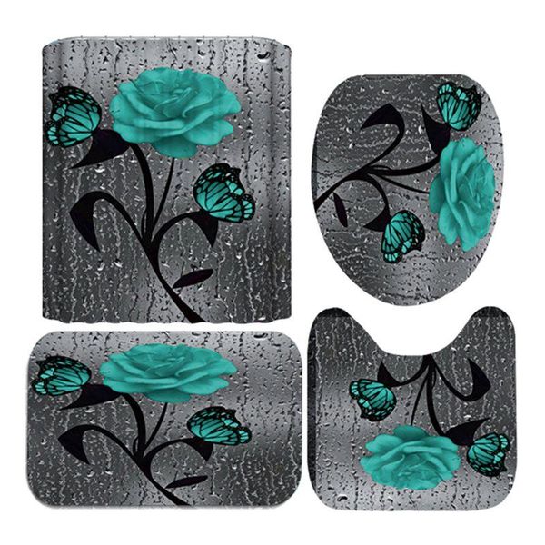 

4pcs/set print 3d shower curtain waterproof polyester bathroom anti-slip bath mat set toilet rugs carpet home decor #2 curtains