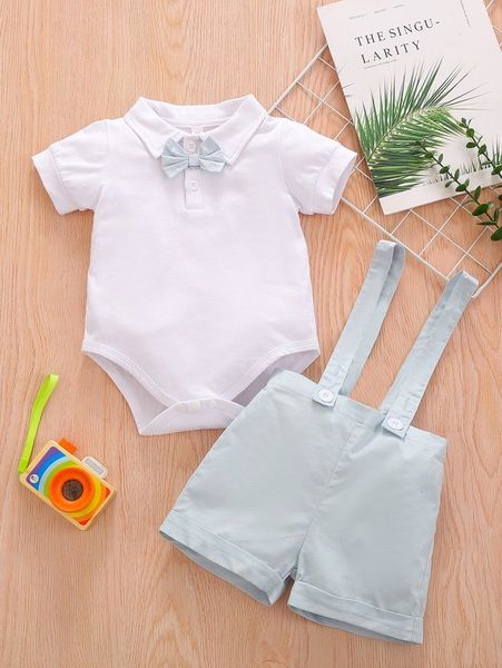 

baby boy bow tie polo neck bodysuit with suspender shorts she, White