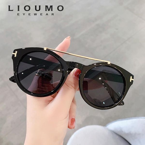 Güneş gözlüğü LIOUMO Moda Çift Köprü Tasarım Yuvarlak Erkekler Kadınlar Için Vintage Kedi Gözü sürüş gözlükleri UV400 Trendy Shades Gafas Sol