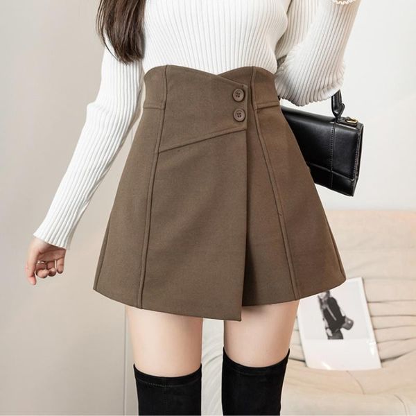 

women's shorts fashion irregular high waist woolen women casual wide-leg skirts autumn winter elegant button ladies culottes, White;black