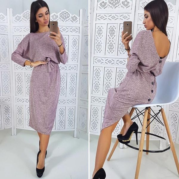 

casual dresses backless button sashes dress women mid-calf batwing sleeve party o neck autumn winter shyloli sexy, Black;gray