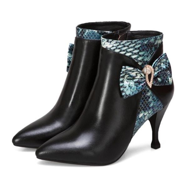 

boots olomm women's leather ankle boots butterfly-knot high-heeled pointed to the black ladies party shoes size eua 0wo3