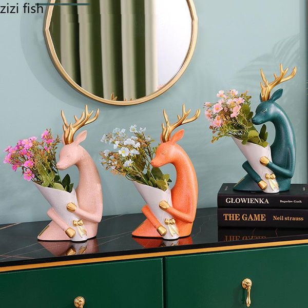 

vases cartoon deer statue floral decorative vase flower arrangement living room decoration resin desk decor crafts ornaments