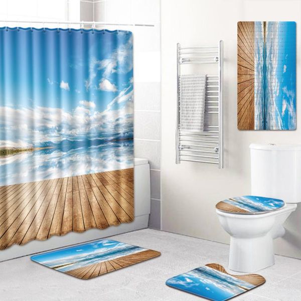 

bath mats sea view shower curtain mat toilet cover non-slip kitchen pad five-piece carpet bathroom curtains and rugs