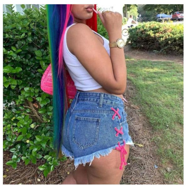 

women's shorts 2021 new tie rope jeans pants, White;black