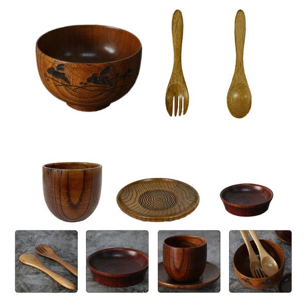 

bowls 6pcs japanese style wooden rice bowl spoon fork dish cup tableware set