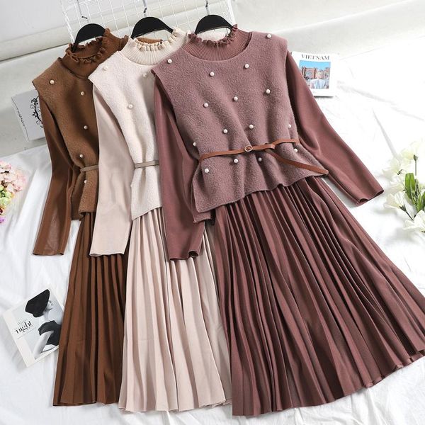 

women's two piece pants 2021 fashion set autumn and winter slim knit sweater vest +dress two-piece dresses, White