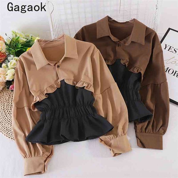 

blouse women spring autumn vintage ruffles patchwork lapel short shirts slim korean fashion chic wild blouses 210531, White