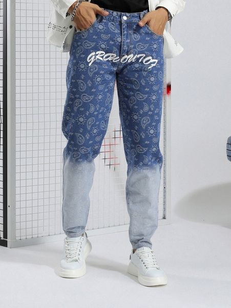 

men paisley & letter graphic straight leg jeans j1et#, Blue