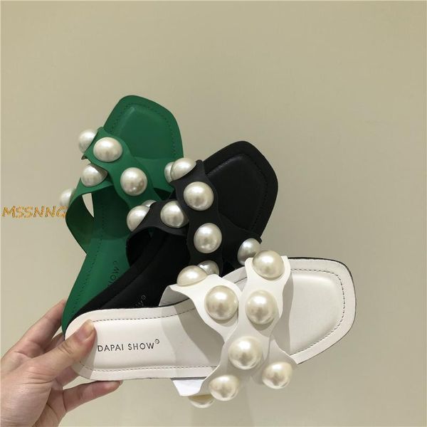 

slippers string beads women peep toe fashion cozy cross pearl summer lady outside beach solid female flat, Black
