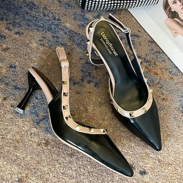 

pumps women shoes thin heels pointed toe rivet high ladies wedding party office gladiator summer rome chaussure dress, Black