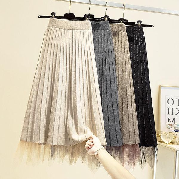 

autumn winter women elegant solid knitted pleated skirts lady both side wear a-line high waist mesh patchwork skirt o73, Black