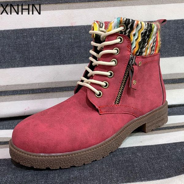 

boots retro female flock round toe lace up chunky heel zipper ankle brand patchwork women low shoes woman, Black