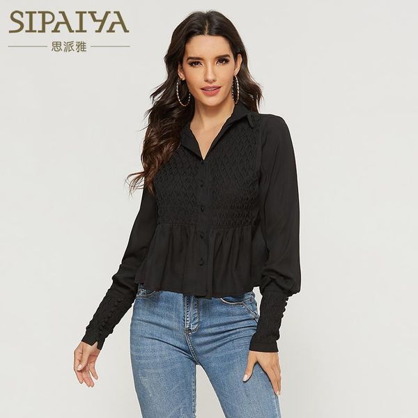 

women's t-shirt spring and autumn korean solid color versatile pleated splicing show thin sweet long sleeve lapel shirt, White