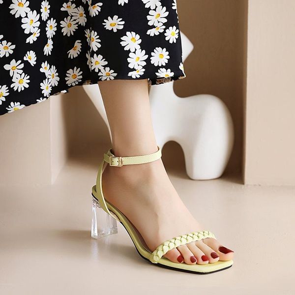 

sandals crystalline with woven buckles, simple square toe and high heels 6cm, Black