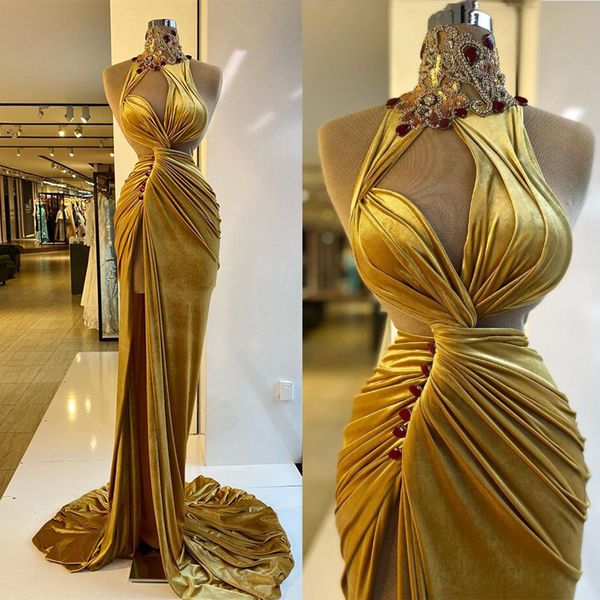 

modern luxury formal evening dresses velvet high neck sequins mermaid prom gowns with pleats party dress, Black;red