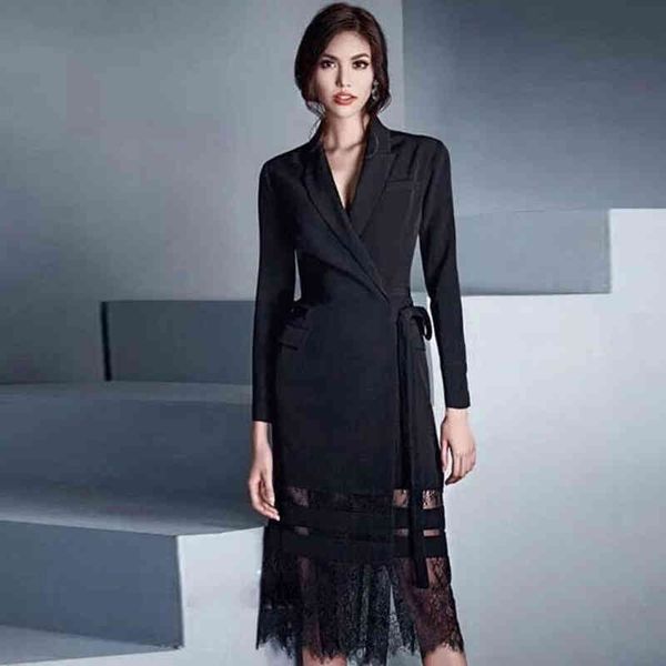 

two piece dress suit women elegant runway luxury designers long blazer jacket ladies black lace splice femme robe z7qv, White
