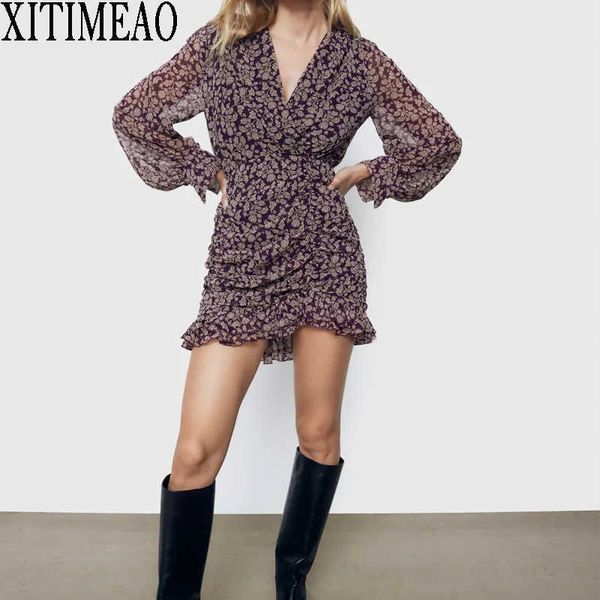 

za autumn vintage print dress women boho chiffon long sleeve slim dress v neck spring party vestidos 210602, Black;gray