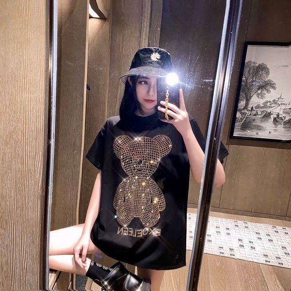 

women's t-shirt gold diamand 100% cotton t shirt for women fashion shiny bear mid-length short sleeve oversized ladies kawaii, White