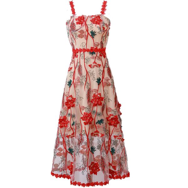 

multicolor flower embroidery red cami holiday dress summer women spaghetti strap casual mesh lace sleeveless long dresses 210416, Black;gray