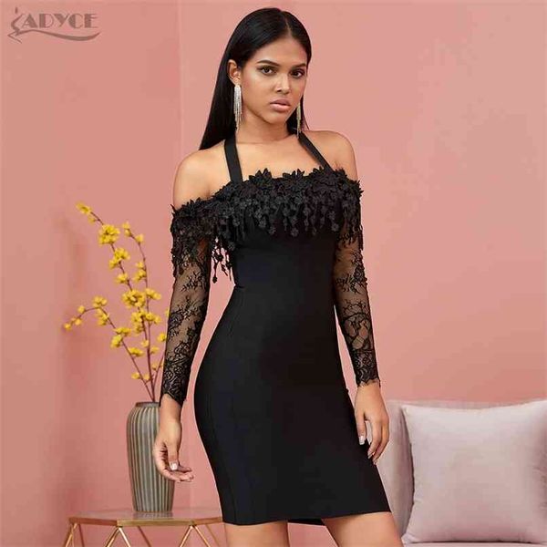 

winter lace off shoulder bandage dress women long sleeve black club celebrity evening runway party dresses 210507, Black;gray